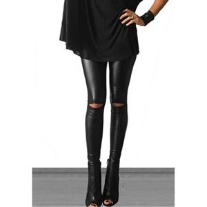 FASHIONOMICS BLACK FAUX LEATHER LEGGINGS WITH KNEE SLITS SIZE LARGE